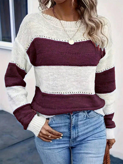 Kasia – Sweter w Paski z Otwartymi Splotami