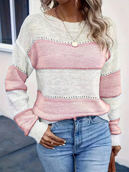 Kasia – Sweter w Paski z Otwartymi Splotami