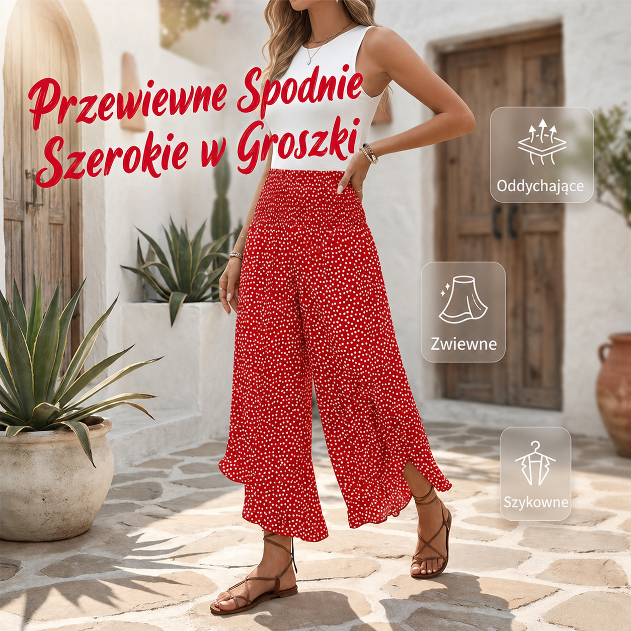 Gosia – Spodnie w kropki, szerokie nogawki