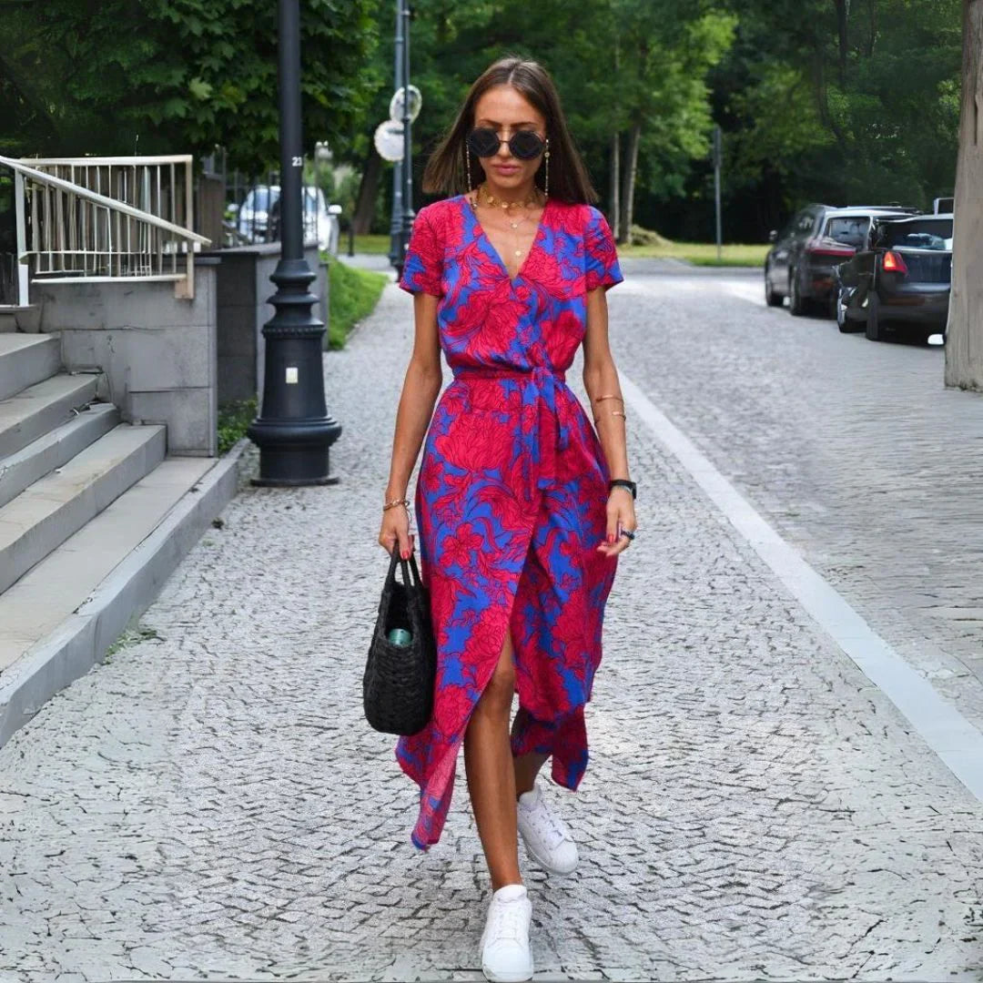 Liliana – Sukienka midi z dekoltem w serek i wiązaniem w talii